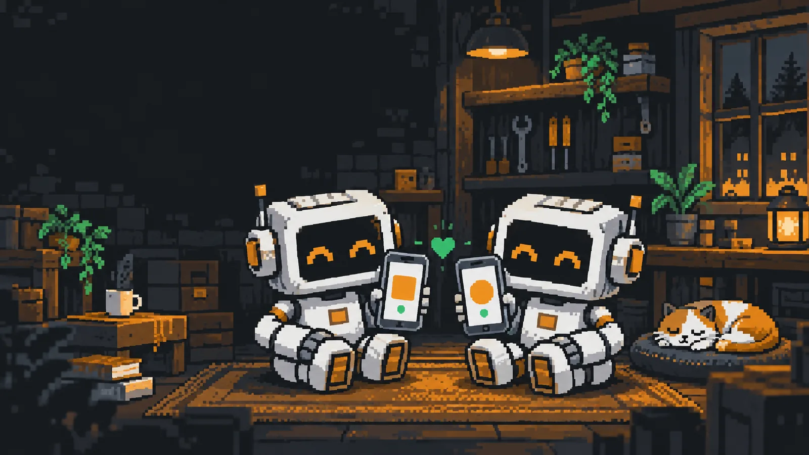 Pixel-art cosy workshop: two robots sit on a rug comparing phones with a small heart between them, while a ginger-and-white cat sleeps on a cushion nearby.