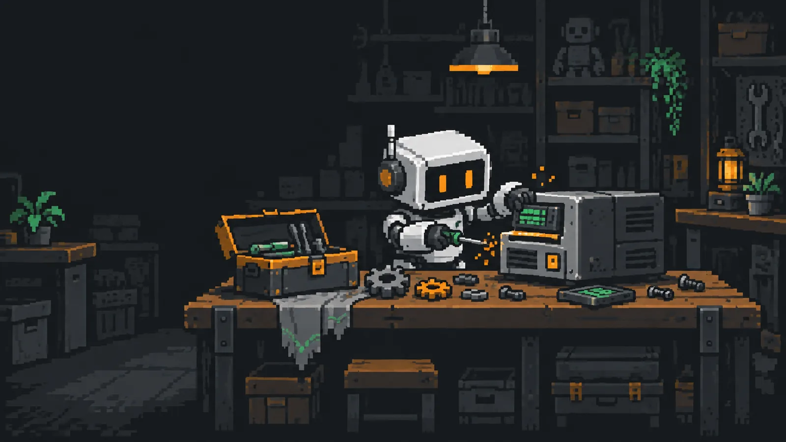 Pixel-art workbench: a robot with a screwdriver tinkers with an open device beside a toolbox, loose gears and a circuit board under a hanging lamp.