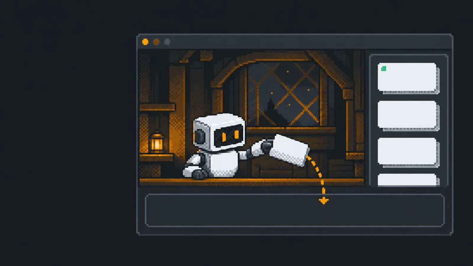 Pixel-art app window: a robot lifts a card from a stack of blank cards and drops it, along a dotted amber arrow, into an empty text box below.