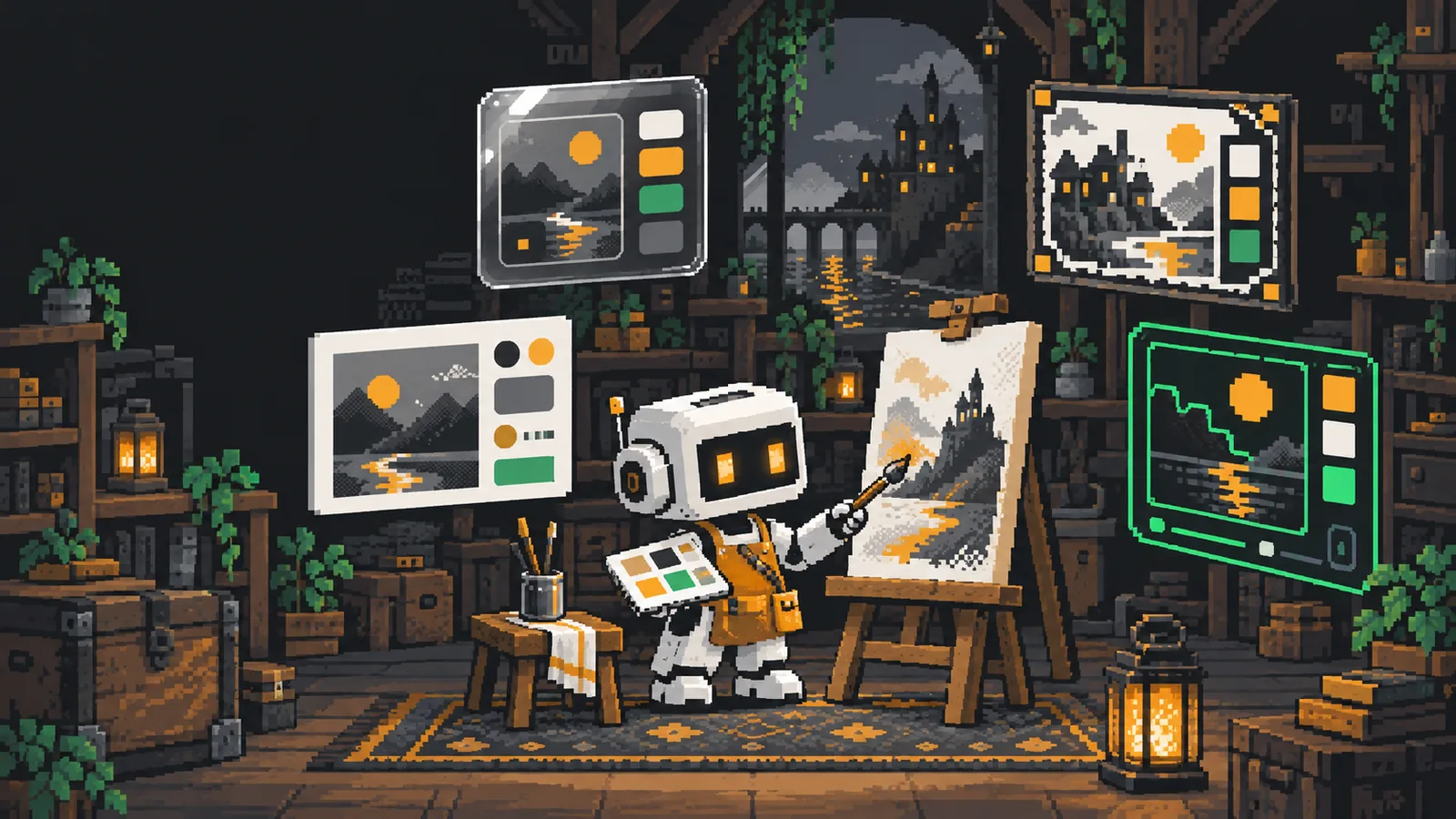 Pixel-art studio: a robot with a palette paints a castle landscape on an easel, surrounded by framed screens showing the same scene in different colour themes.